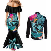 Hawaii Couples Matching Mermaid Dress and Long Sleeve Button Shirt Whale Mix Hibiscus and Kanaka Maoli LT03 - Polynesian Pride