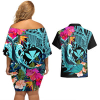 Hawaii Couples Matching Off Shoulder Short Dress and Hawaiian Shirt Whale Mix Hibiscus and Kanaka Maoli LT03 - Polynesian Pride