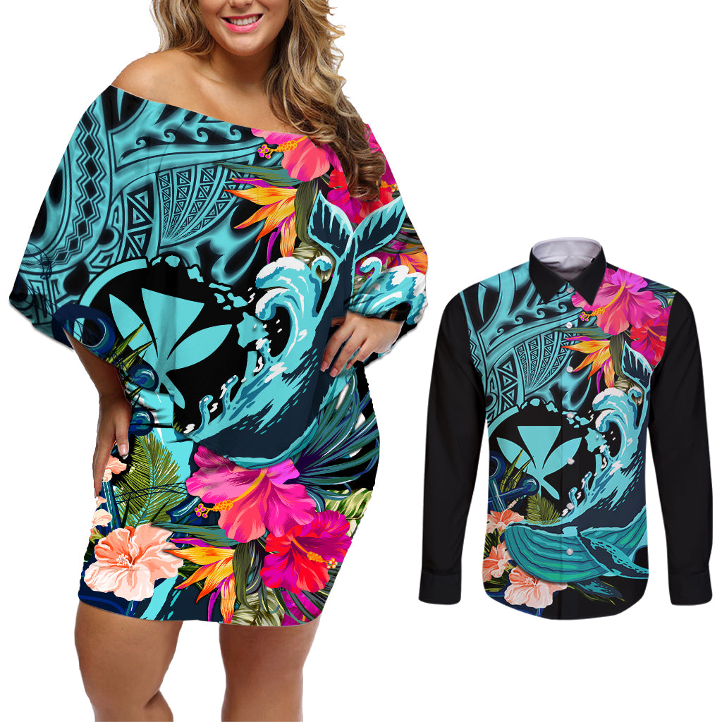 Hawaii Couples Matching Off Shoulder Short Dress and Long Sleeve Button Shirt Whale Mix Hibiscus and Kanaka Maoli LT03 Black - Polynesian Pride