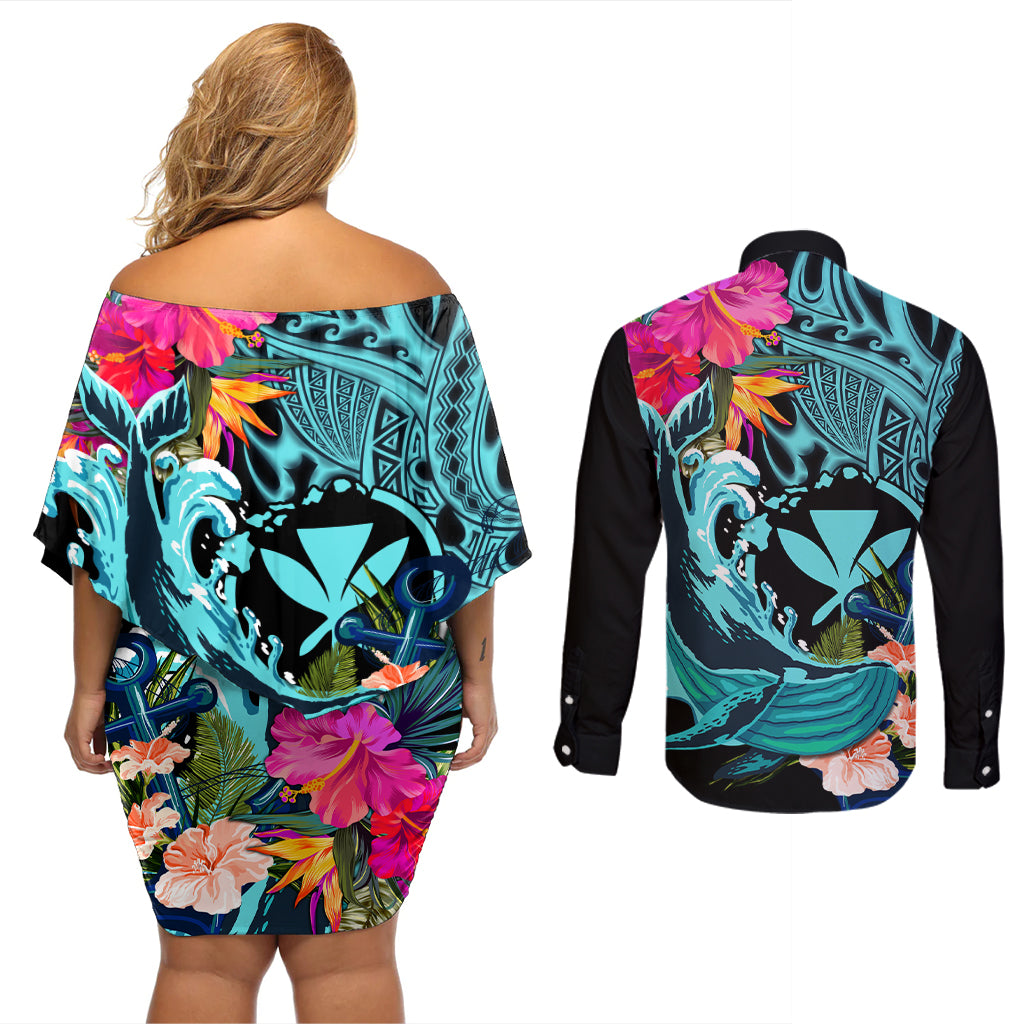 Hawaii Couples Matching Off Shoulder Short Dress and Long Sleeve Button Shirt Whale Mix Hibiscus and Kanaka Maoli LT03 - Polynesian Pride