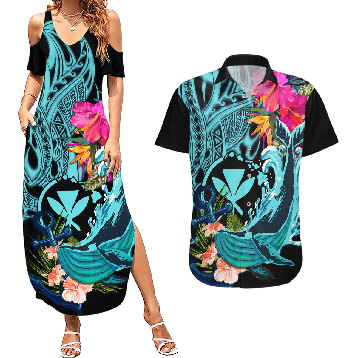 Hawaii Couples Matching Summer Maxi Dress and Hawaiian Shirt Whale Mix Hibiscus and Kanaka Maoli LT03 Black - Polynesian Pride
