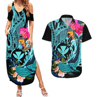 Hawaii Couples Matching Summer Maxi Dress and Hawaiian Shirt Whale Mix Hibiscus and Kanaka Maoli LT03 Black - Polynesian Pride