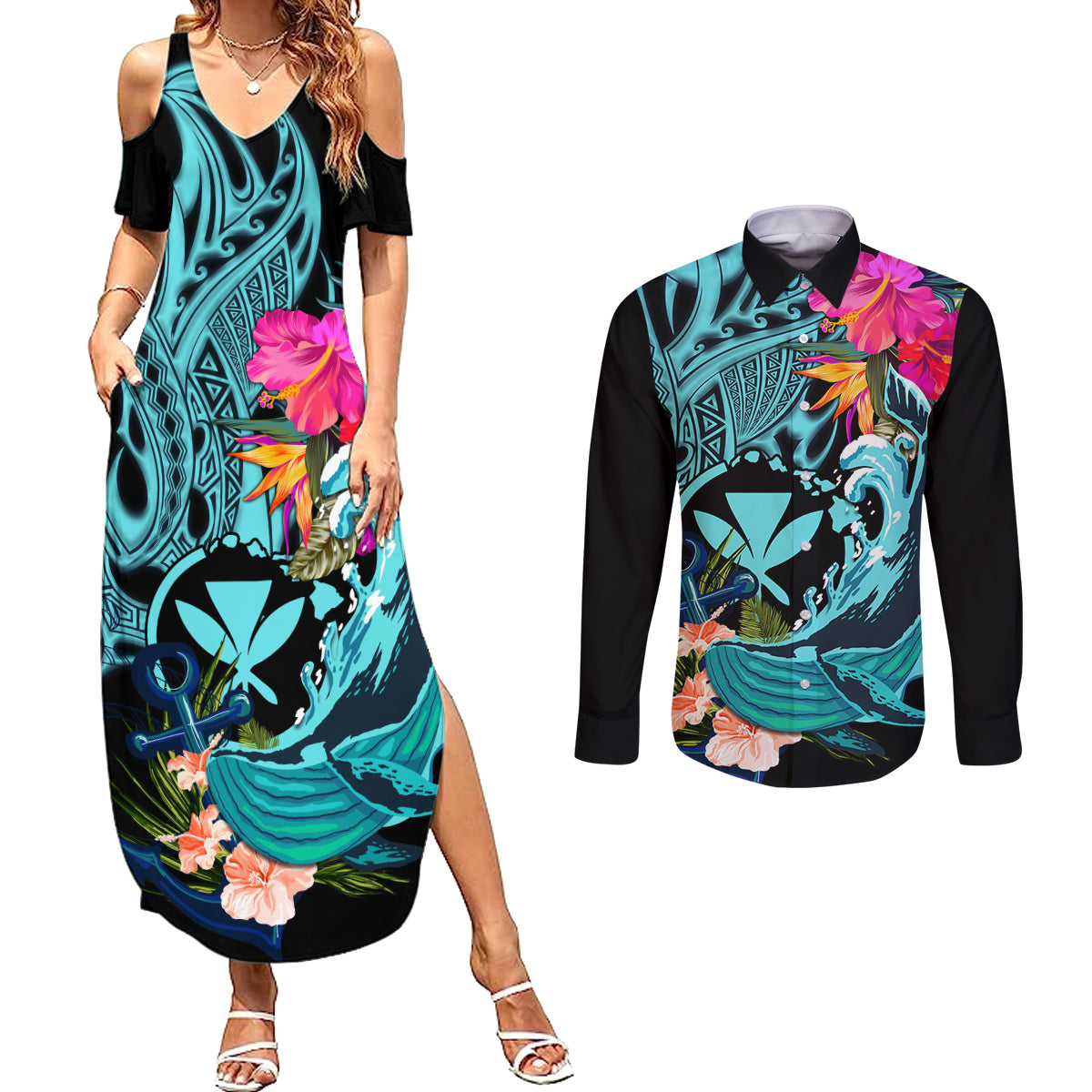 Hawaii Couples Matching Summer Maxi Dress and Long Sleeve Button Shirt Whale Mix Hibiscus and Kanaka Maoli LT03 Black - Polynesian Pride