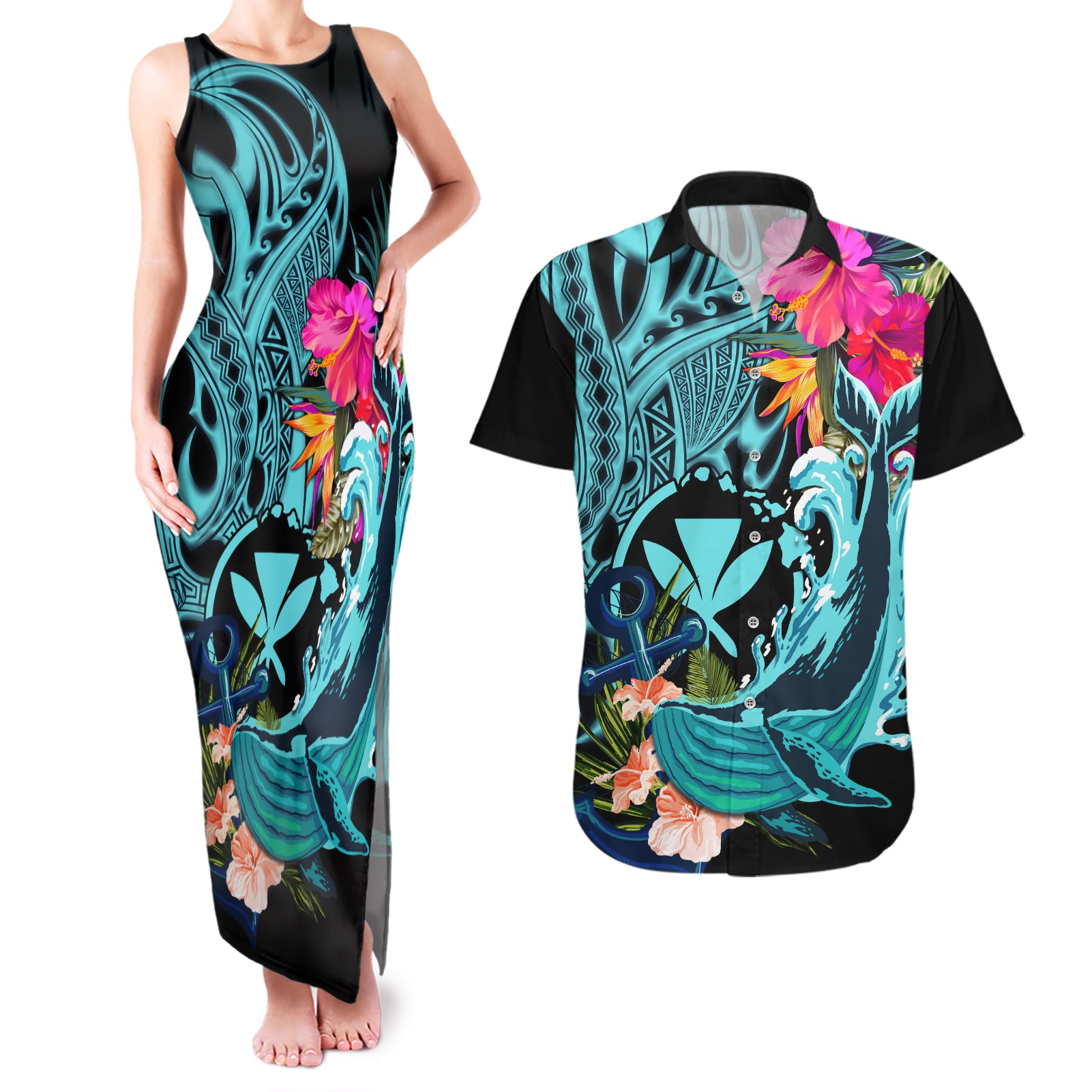 Hawaii Couples Matching Tank Maxi Dress and Hawaiian Shirt Whale Mix Hibiscus and Kanaka Maoli LT03 Black - Polynesian Pride