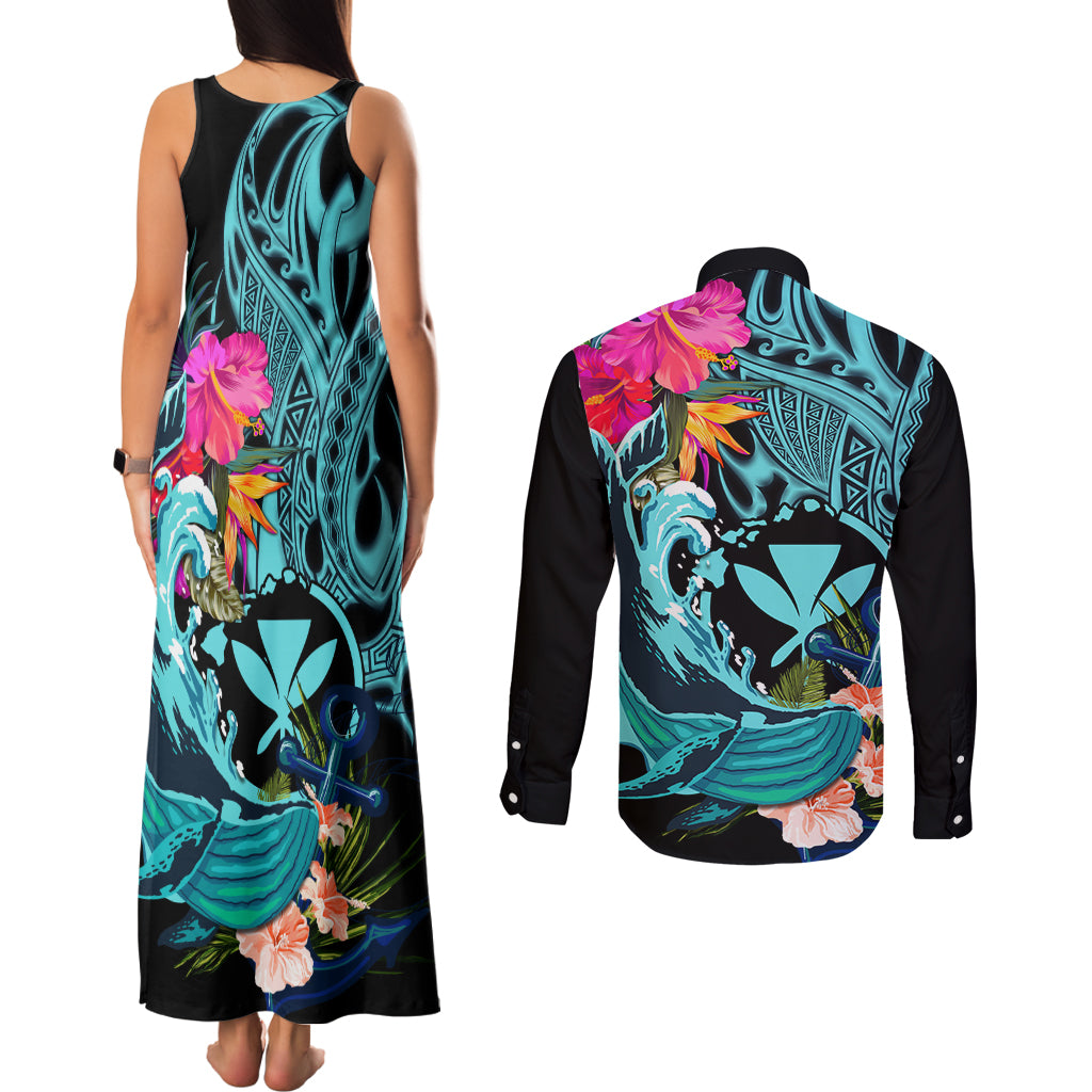 Hawaii Couples Matching Tank Maxi Dress and Long Sleeve Button Shirt Whale Mix Hibiscus and Kanaka Maoli LT03 - Polynesian Pride