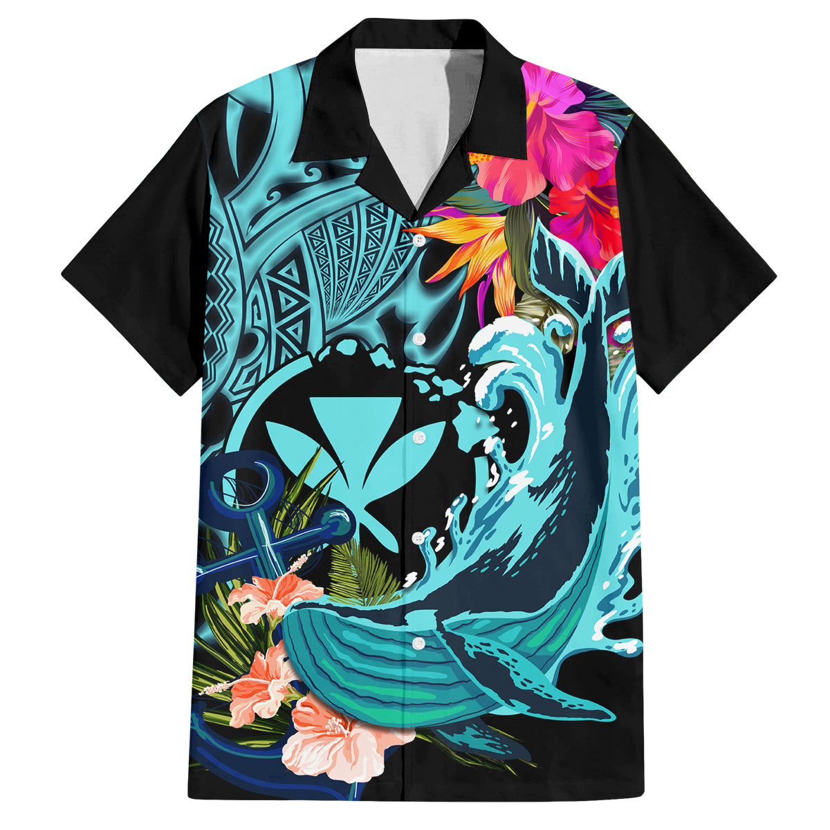 Hawaii Family Matching Off Shoulder Maxi Dress and Hawaiian Shirt Whale Mix Hibiscus and Kanaka Maoli LT03 Dad's Shirt - Short Sleeve Black - Polynesian Pride