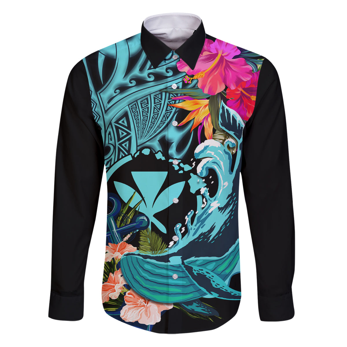 Hawaii Family Matching Puletasi and Hawaiian Shirt Whale Mix Hibiscus and Kanaka Maoli LT03 Dad's Shirt - Long Sleeve Black - Polynesian Pride