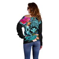 Hawaii Off Shoulder Sweater Whale Mix Hibiscus and Kanaka Maoli LT03 - Polynesian Pride