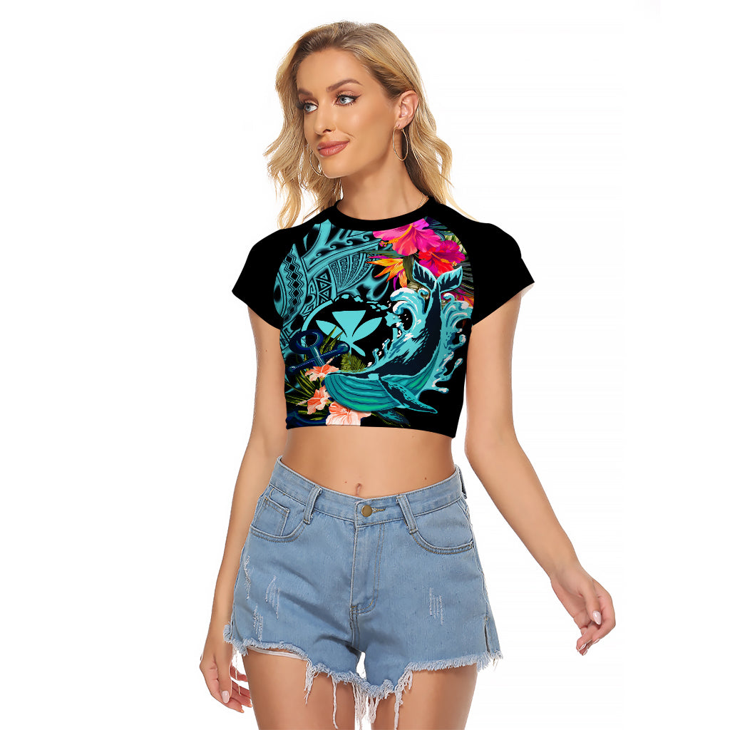 Hawaii Raglan Cropped T Shirt Whale Mix Hibiscus and Kanaka Maoli LT03 Female Black - Polynesian Pride