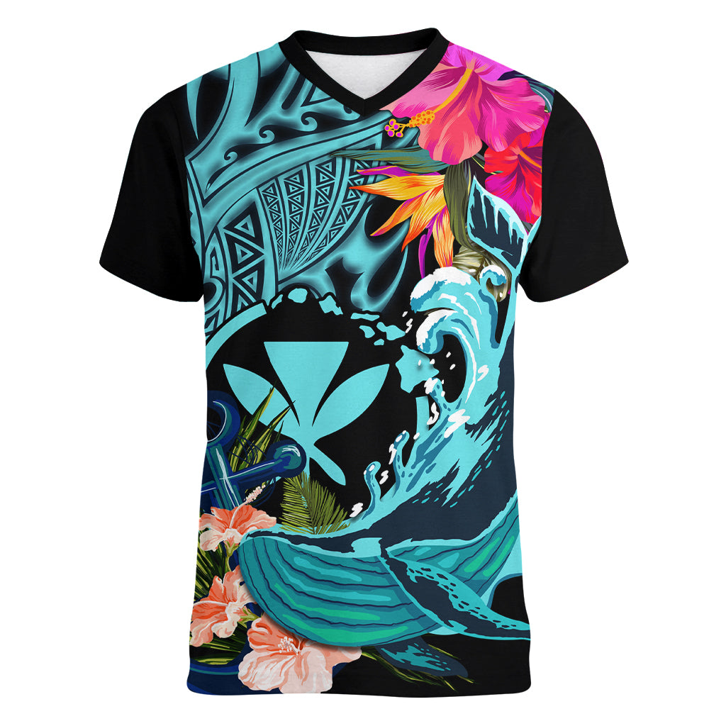 Hawaii Women V Neck T Shirt Whale Mix Hibiscus and Kanaka Maoli LT03 Female Black - Polynesian Pride