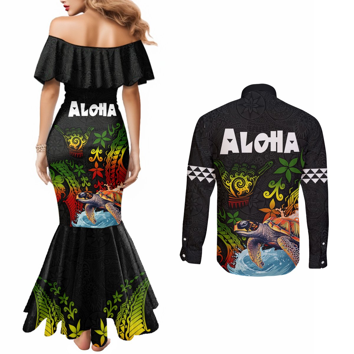 Hawaii Lei Day Couples Matching Mermaid Dress and Long Sleeve Button Shirt Hibiscus Wreath and Polynesian Pattern