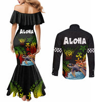 Hawaii Lei Day Couples Matching Mermaid Dress and Long Sleeve Button Shirt Hibiscus Wreath and Polynesian Pattern