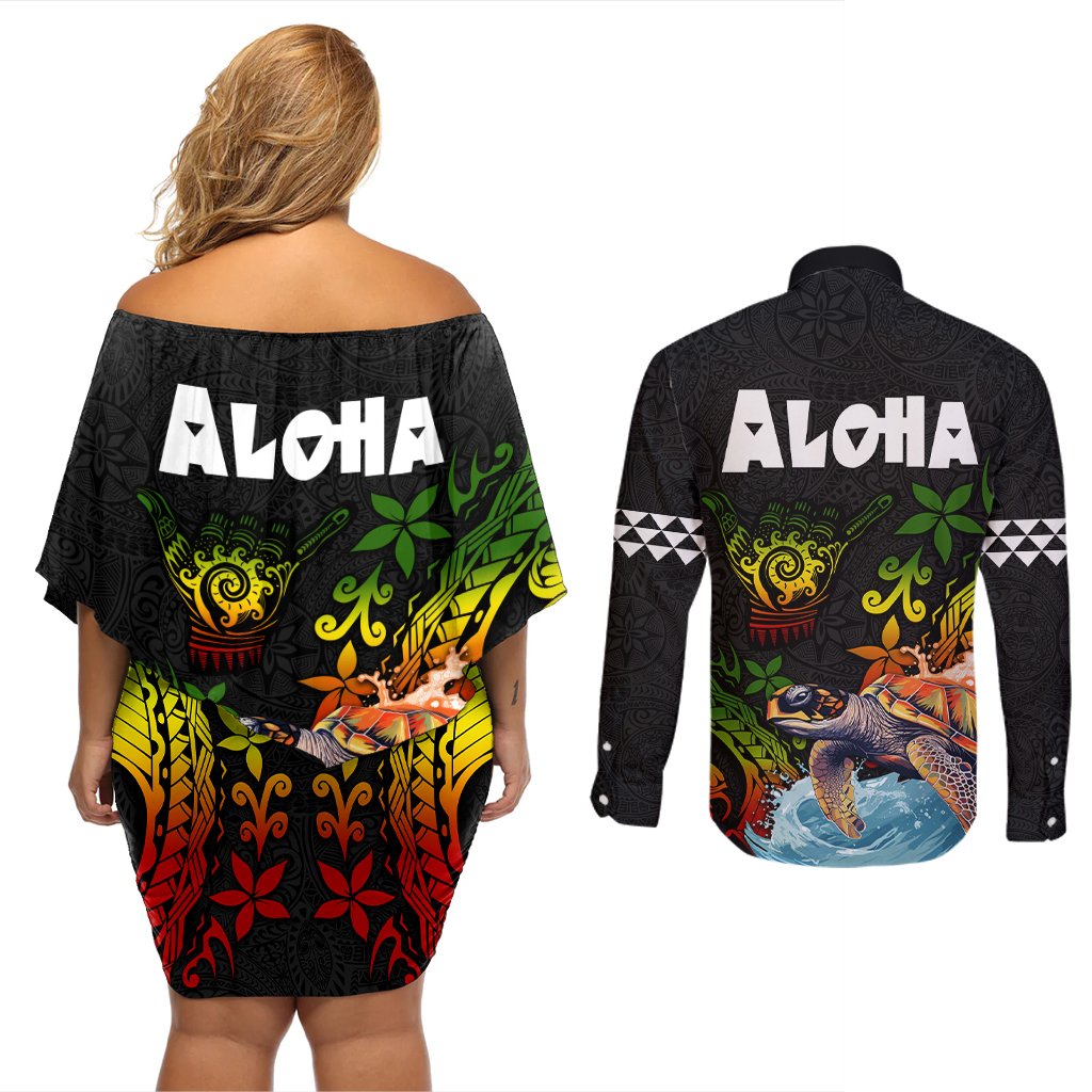 Hawaii Lei Day Couples Matching Off Shoulder Short Dress and Long Sleeve Button Shirt Hibiscus Wreath and Polynesian Pattern