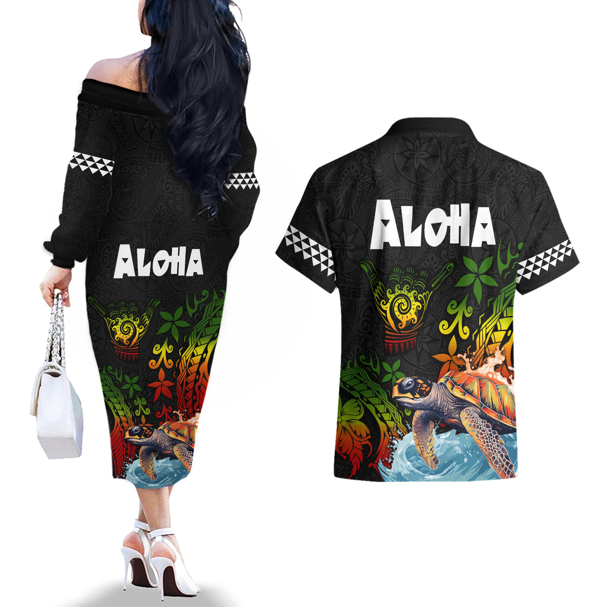 Hawaii Lei Day Couples Matching Off The Shoulder Long Sleeve Dress and Hawaiian Shirt Hibiscus Wreath and Polynesian Pattern