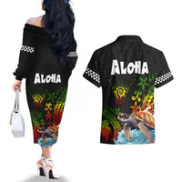 Hawaii Lei Day Couples Matching Off The Shoulder Long Sleeve Dress and Hawaiian Shirt Hibiscus Wreath and Polynesian Pattern