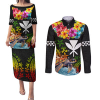 Hawaii Lei Day Couples Matching Puletasi and Long Sleeve Button Shirt Hibiscus Wreath and Polynesian Pattern