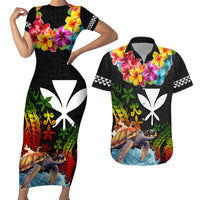 Hawaii Lei Day Couples Matching Short Sleeve Bodycon Dress and Hawaiian Shirt Hibiscus Wreath and Polynesian Pattern LT03 Black - Polynesian Pride