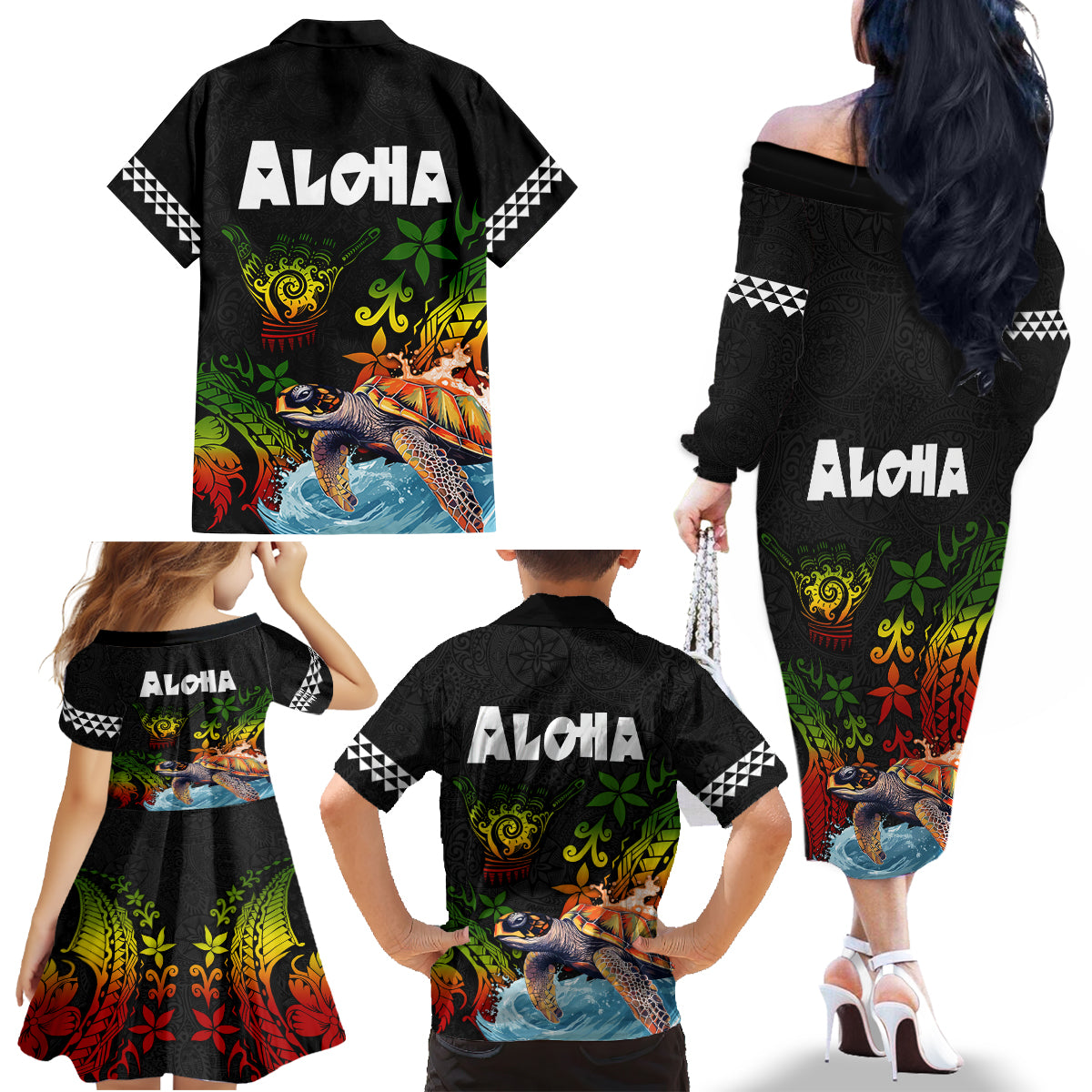 Hawaii Lei Day Family Matching Off The Shoulder Long Sleeve Dress and Hawaiian Shirt Hibiscus Wreath and Polynesian Pattern