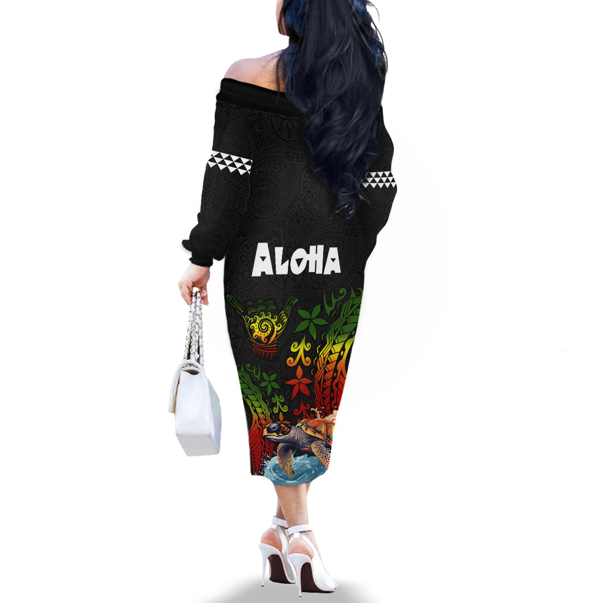 Hawaii Lei Day Family Matching Off The Shoulder Long Sleeve Dress and Hawaiian Shirt Hibiscus Wreath and Polynesian Pattern