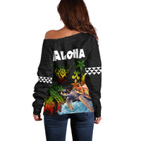 Hawaii Lei Day Off Shoulder Sweater Hibiscus Wreath and Polynesian Pattern