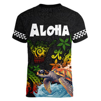 Hawaii Lei Day Women V Neck T Shirt Hibiscus Wreath and Polynesian Pattern