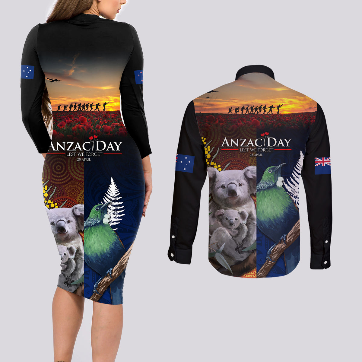 Australia and New Zealand ANZAC Day Couples Matching Long Sleeve Bodycon Dress and Long Sleeve Button Shirt Tui Bird and Koala mix Maori and Aboriginal Pattern LT03 - Polynesian Pride