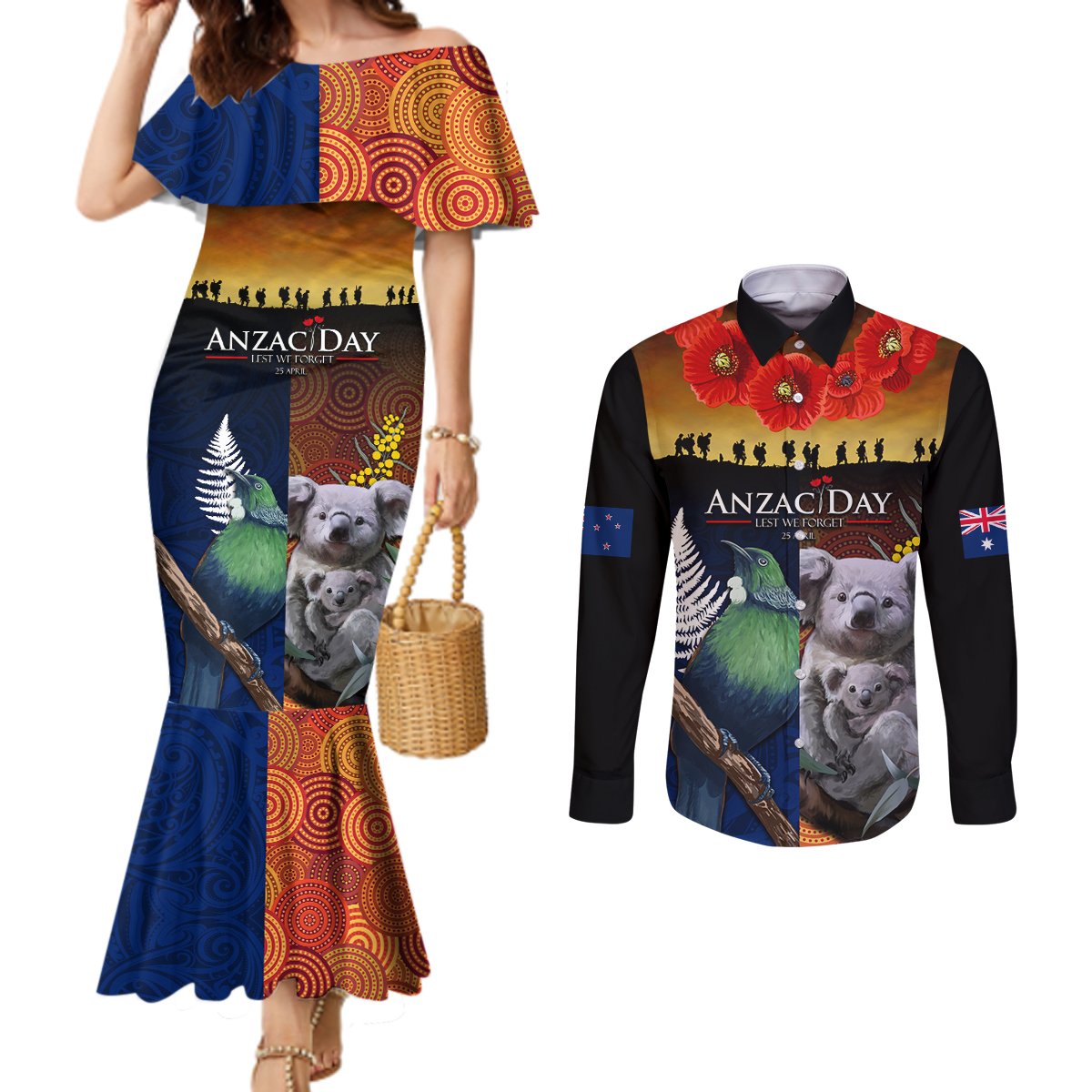 Australia and New Zealand ANZAC Day Couples Matching Mermaid Dress and Long Sleeve Button Shirt Tui Bird and Koala mix Maori and Aboriginal Pattern LT03 Black - Polynesian Pride