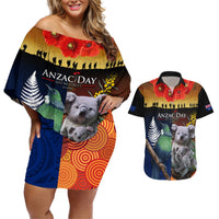 Australia and New Zealand ANZAC Day Couples Matching Off Shoulder Short Dress and Hawaiian Shirt Tui Bird and Koala mix Maori and Aboriginal Pattern LT03 Black - Polynesian Pride
