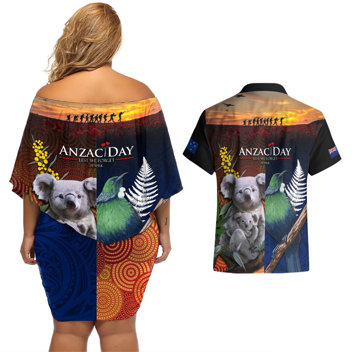 Australia and New Zealand ANZAC Day Couples Matching Off Shoulder Short Dress and Hawaiian Shirt Tui Bird and Koala mix Maori and Aboriginal Pattern LT03 - Polynesian Pride