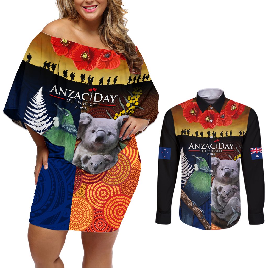Australia and New Zealand ANZAC Day Couples Matching Off Shoulder Short Dress and Long Sleeve Button Shirt Tui Bird and Koala mix Maori and Aboriginal Pattern LT03 Black - Polynesian Pride