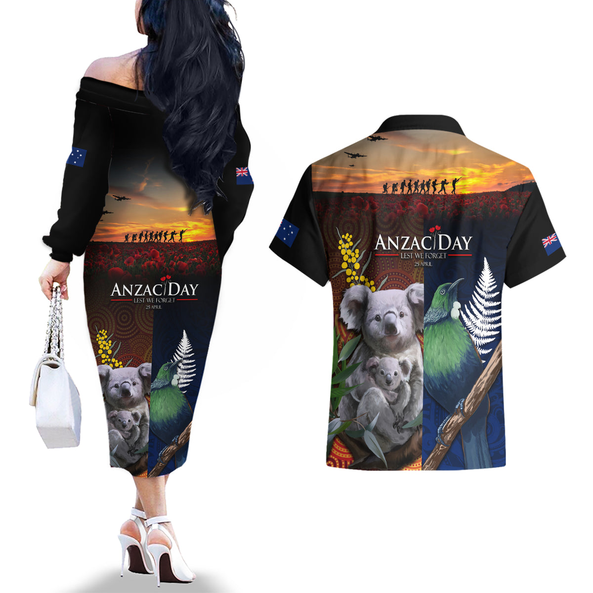 Australia and New Zealand ANZAC Day Couples Matching Off The Shoulder Long Sleeve Dress and Hawaiian Shirt Tui Bird and Koala mix Maori and Aboriginal Pattern LT03 - Polynesian Pride