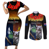 Australia and New Zealand ANZAC Day Couples Matching Short Sleeve Bodycon Dress and Long Sleeve Button Shirt Tui Bird and Koala mix Maori and Aboriginal Pattern LT03 Black - Polynesian Pride