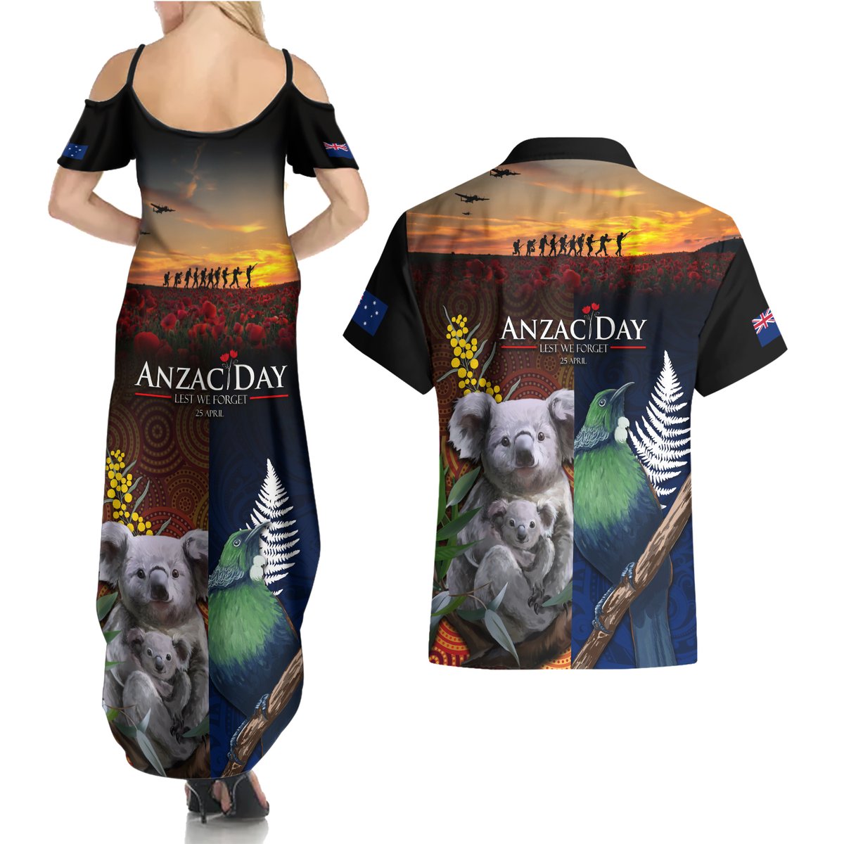 Australia and New Zealand ANZAC Day Couples Matching Summer Maxi Dress and Hawaiian Shirt Tui Bird and Koala mix Maori and Aboriginal Pattern LT03 - Polynesian Pride