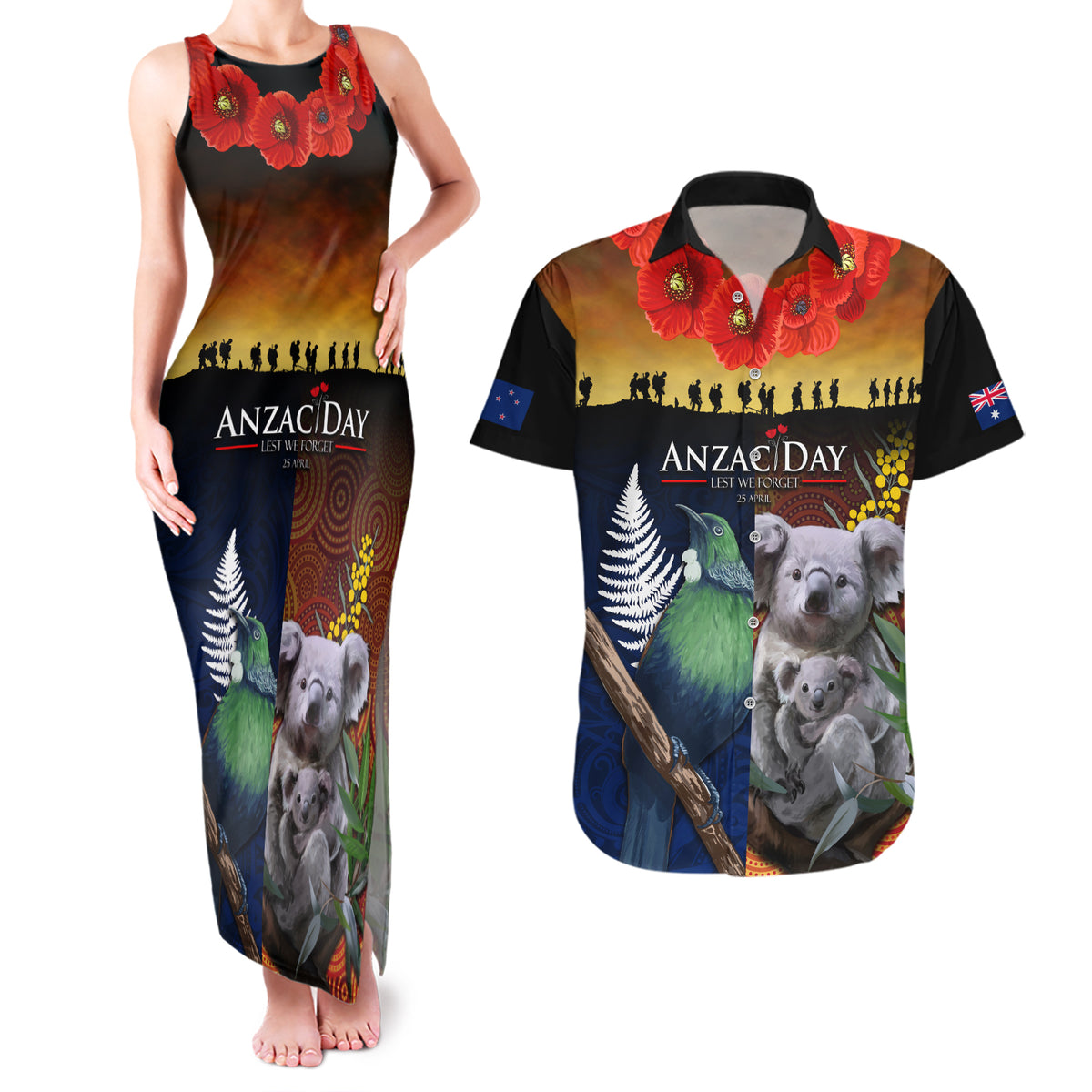 Australia and New Zealand ANZAC Day Couples Matching Tank Maxi Dress and Hawaiian Shirt Tui Bird and Koala mix Maori and Aboriginal Pattern LT03 Black - Polynesian Pride