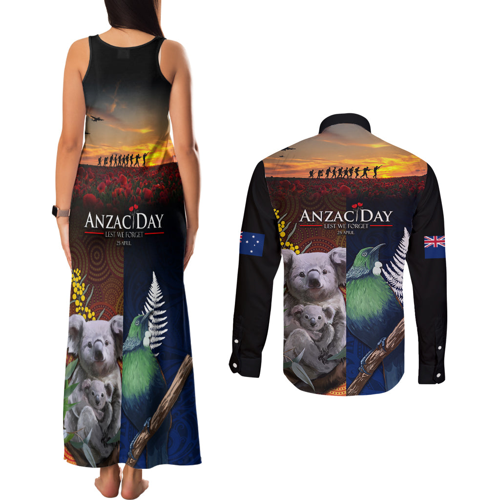 Australia and New Zealand ANZAC Day Couples Matching Tank Maxi Dress and Long Sleeve Button Shirt Tui Bird and Koala mix Maori and Aboriginal Pattern LT03 - Polynesian Pride