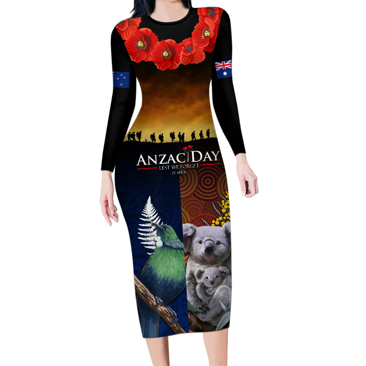 Australia and New Zealand ANZAC Day Family Matching Long Sleeve Bodycon Dress and Hawaiian Shirt Tui Bird and Koala mix Maori and Aboriginal Pattern LT03 Mom's Dress Black - Polynesian Pride