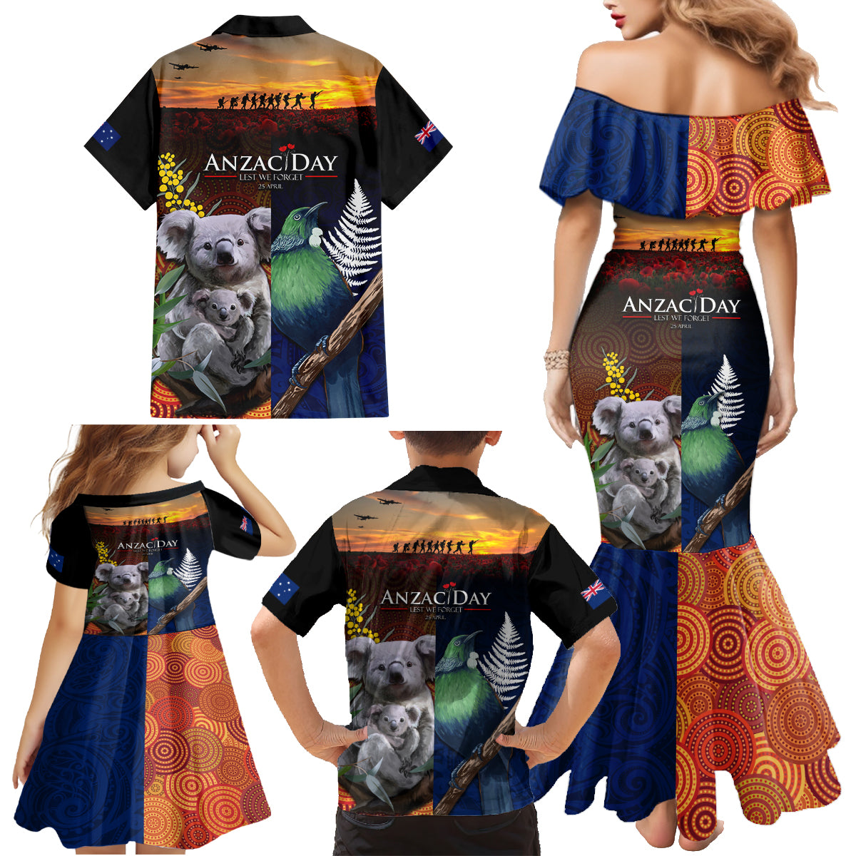 Australia and New Zealand ANZAC Day Family Matching Mermaid Dress and Hawaiian Shirt Tui Bird and Koala mix Maori and Aboriginal Pattern LT03 - Polynesian Pride