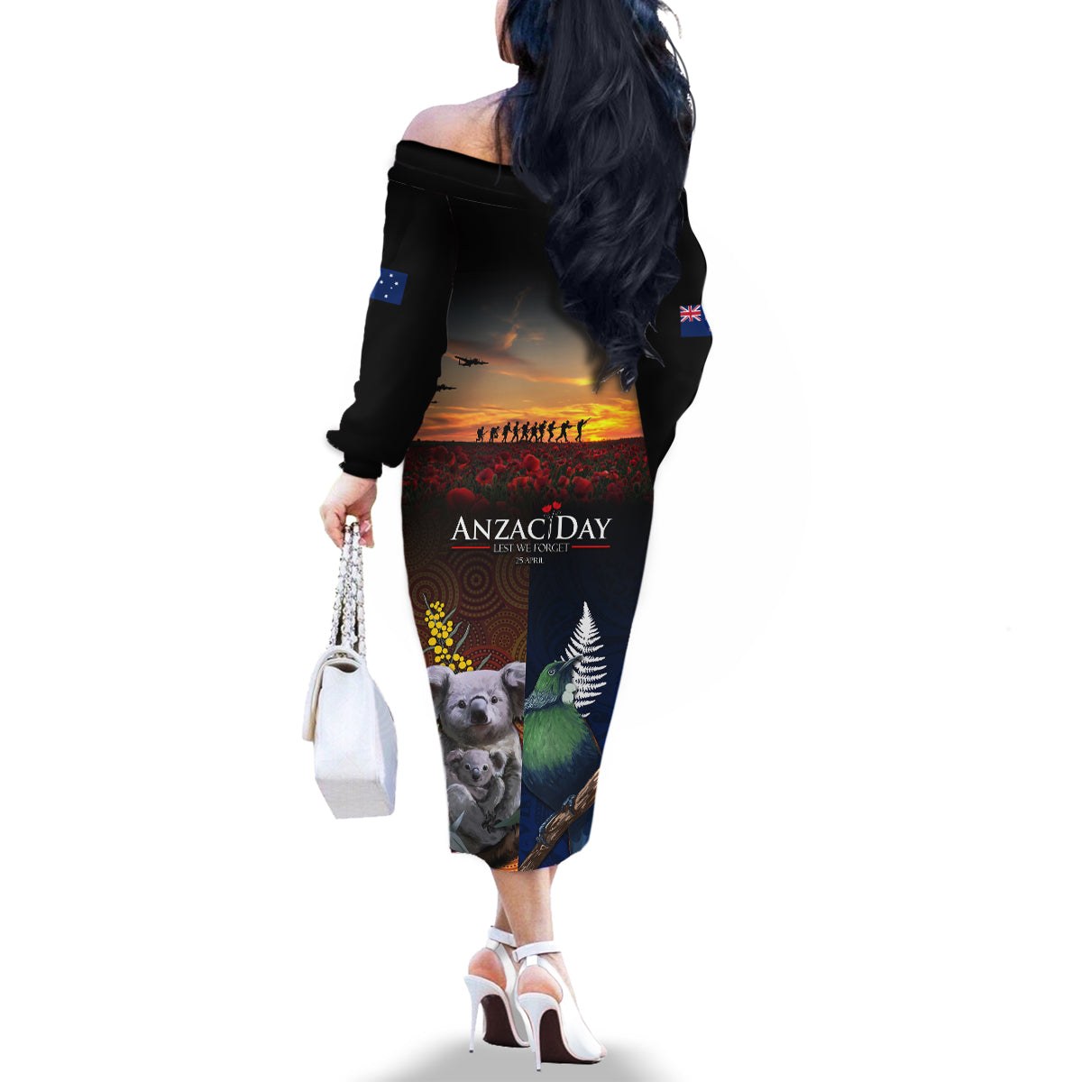 Australia and New Zealand ANZAC Day Family Matching Off The Shoulder Long Sleeve Dress and Hawaiian Shirt Tui Bird and Koala mix Maori and Aboriginal Pattern LT03 - Polynesian Pride