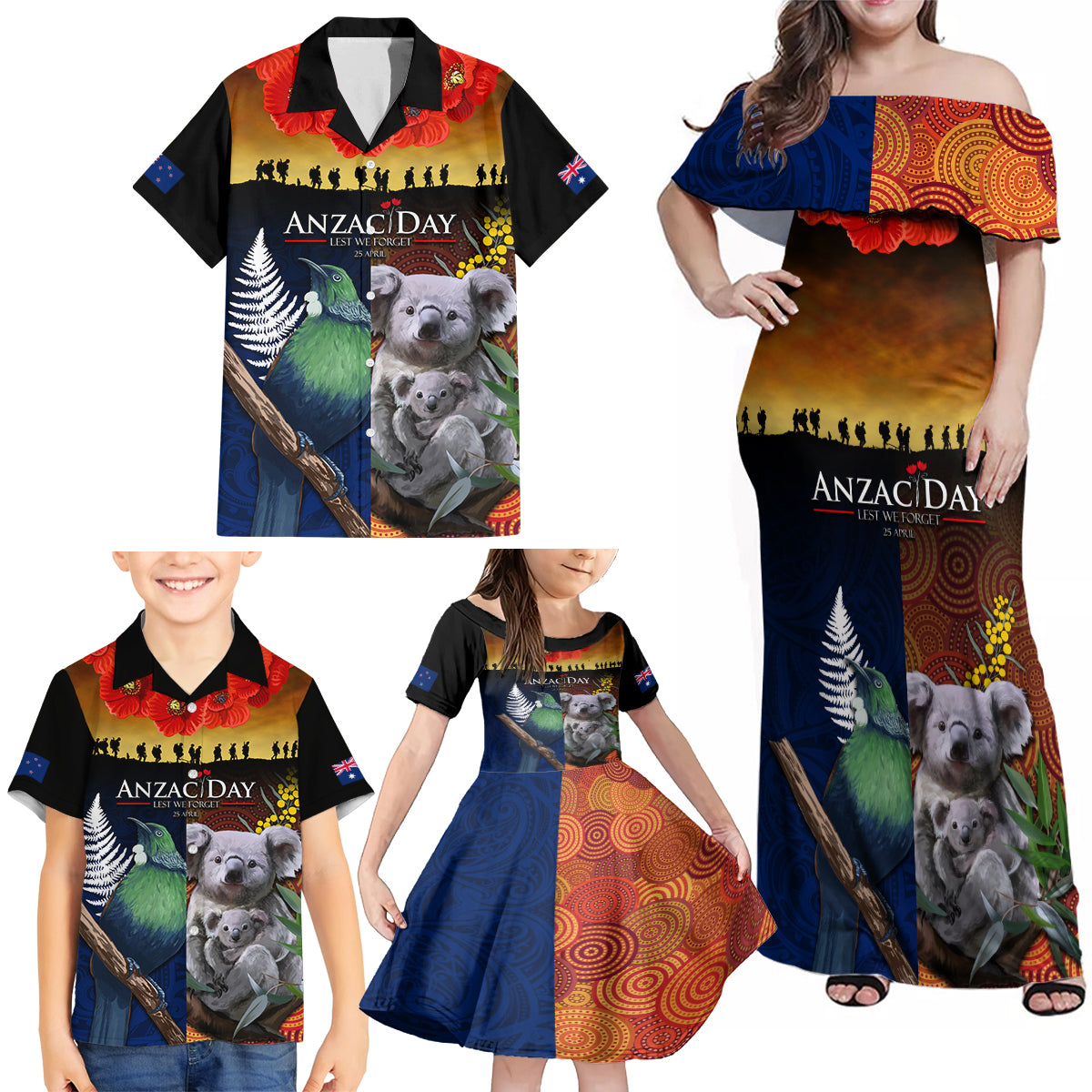 Australia and New Zealand ANZAC Day Family Matching Off Shoulder Maxi Dress and Hawaiian Shirt Tui Bird and Koala mix Maori and Aboriginal Pattern LT03 - Polynesian Pride