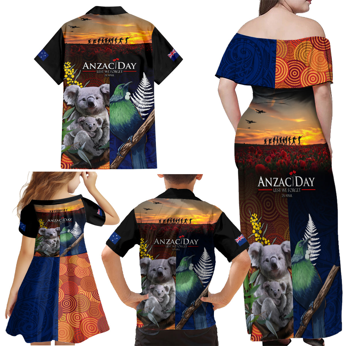 Australia and New Zealand ANZAC Day Family Matching Off Shoulder Maxi Dress and Hawaiian Shirt Tui Bird and Koala mix Maori and Aboriginal Pattern LT03 - Polynesian Pride