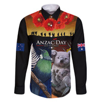 Australia and New Zealand ANZAC Day Family Matching Off Shoulder Maxi Dress and Hawaiian Shirt Tui Bird and Koala mix Maori and Aboriginal Pattern LT03 Dad's Shirt - Long Sleeve Black - Polynesian Pride