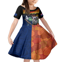 Australia and New Zealand ANZAC Day Family Matching Off Shoulder Short Dress and Hawaiian Shirt Tui Bird and Koala mix Maori and Aboriginal Pattern LT03 Daughter's Dress Black - Polynesian Pride