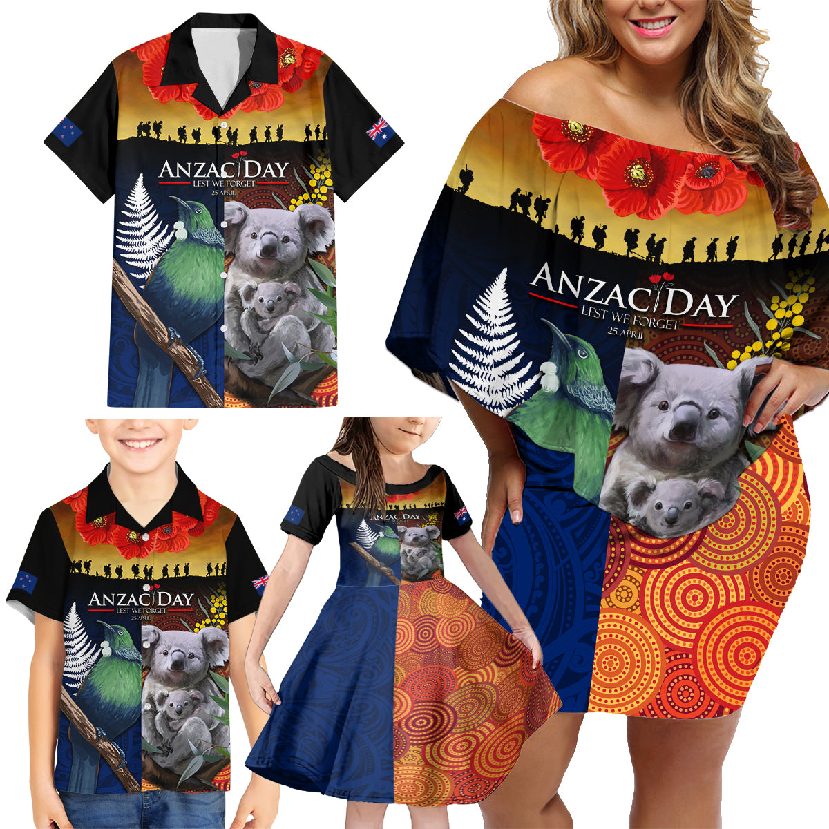 Australia and New Zealand ANZAC Day Family Matching Off Shoulder Short Dress and Hawaiian Shirt Tui Bird and Koala mix Maori and Aboriginal Pattern LT03 - Polynesian Pride
