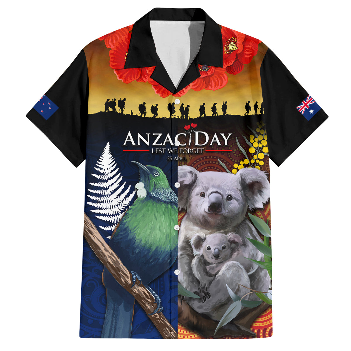 Australia and New Zealand ANZAC Day Family Matching Off Shoulder Short Dress and Hawaiian Shirt Tui Bird and Koala mix Maori and Aboriginal Pattern LT03 Dad's Shirt - Short Sleeve Black - Polynesian Pride