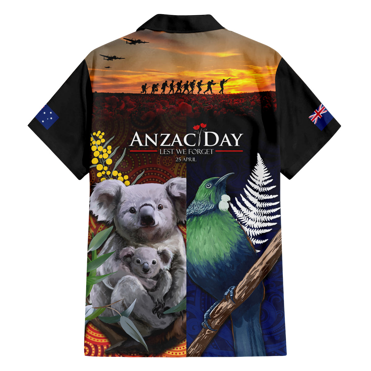 Australia and New Zealand ANZAC Day Family Matching Off Shoulder Short Dress and Hawaiian Shirt Tui Bird and Koala mix Maori and Aboriginal Pattern LT03 - Polynesian Pride