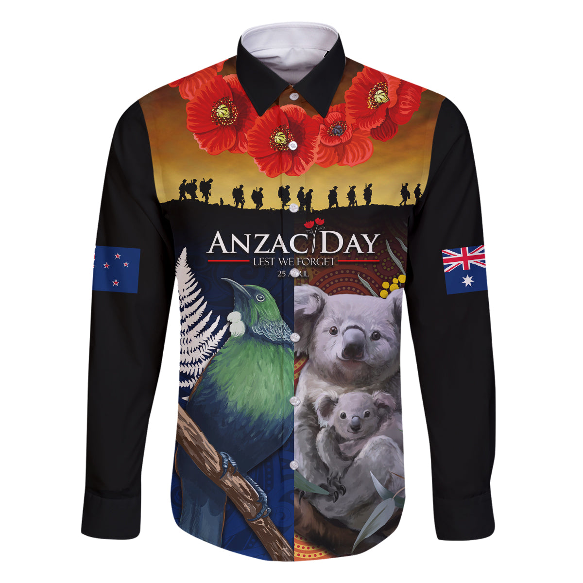 Australia and New Zealand ANZAC Day Family Matching Off Shoulder Short Dress and Hawaiian Shirt Tui Bird and Koala mix Maori and Aboriginal Pattern LT03 Dad's Shirt - Long Sleeve Black - Polynesian Pride