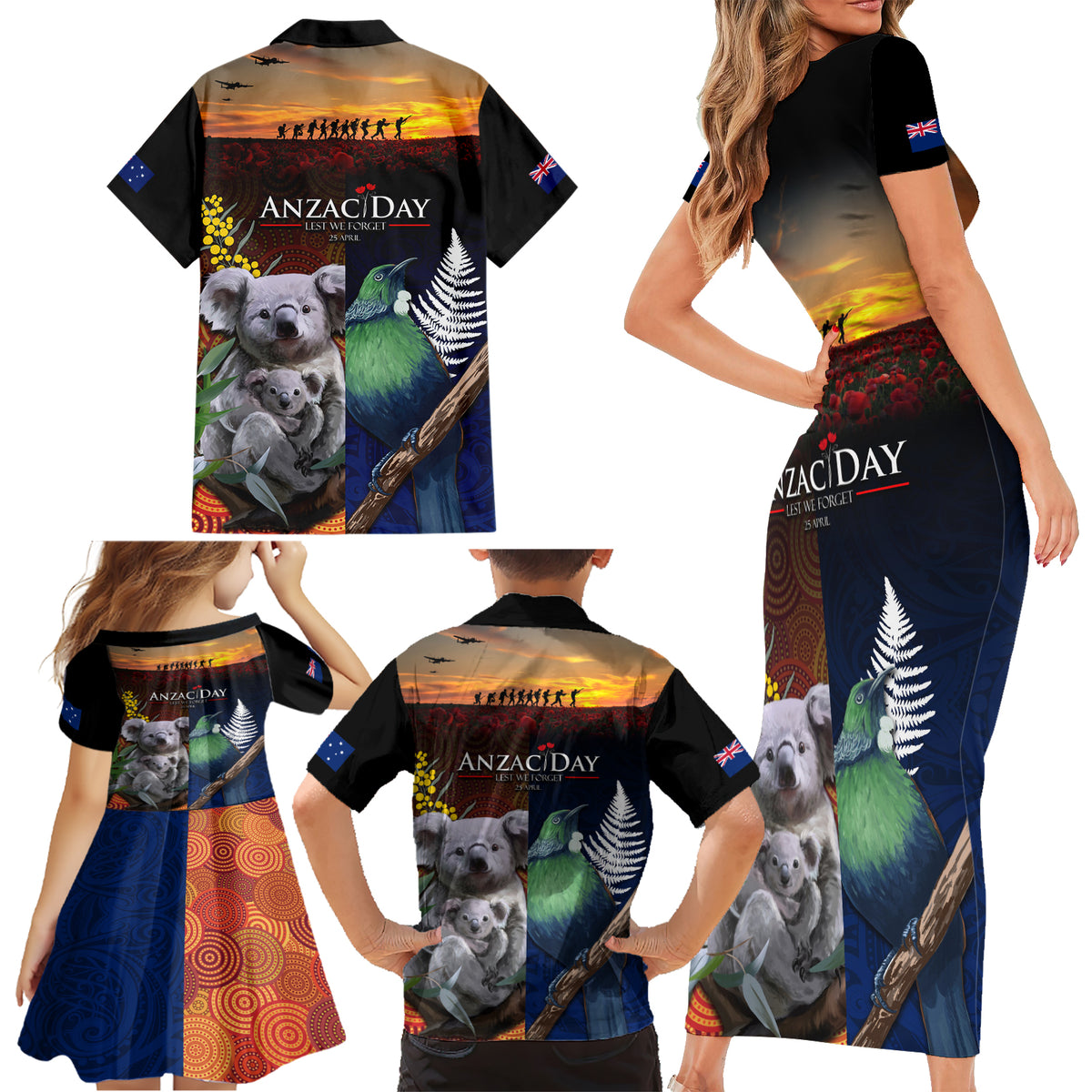 Australia and New Zealand ANZAC Day Family Matching Short Sleeve Bodycon Dress and Hawaiian Shirt Tui Bird and Koala mix Maori and Aboriginal Pattern LT03 - Polynesian Pride