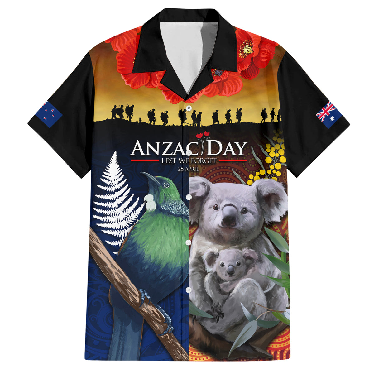 Australia and New Zealand ANZAC Day Family Matching Short Sleeve Bodycon Dress and Hawaiian Shirt Tui Bird and Koala mix Maori and Aboriginal Pattern LT03 Dad's Shirt - Short Sleeve Black - Polynesian Pride