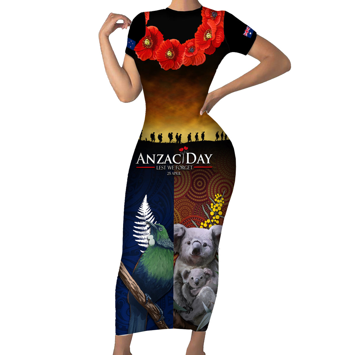 Australia and New Zealand ANZAC Day Family Matching Short Sleeve Bodycon Dress and Hawaiian Shirt Tui Bird and Koala mix Maori and Aboriginal Pattern LT03 Mom's Dress Black - Polynesian Pride