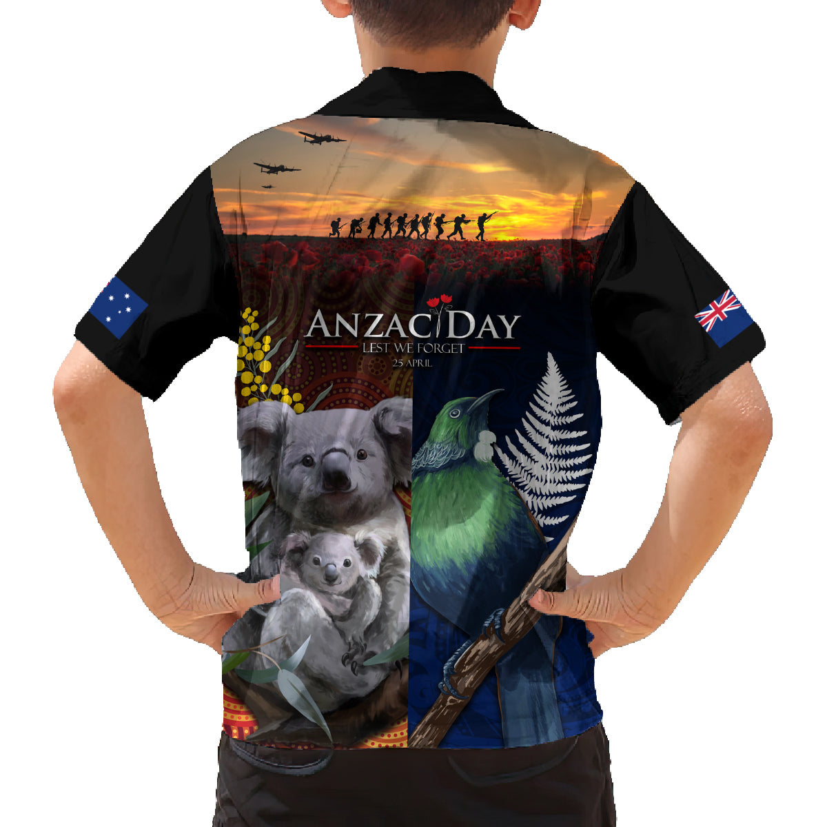 Australia and New Zealand ANZAC Day Family Matching Summer Maxi Dress and Hawaiian Shirt Tui Bird and Koala mix Maori and Aboriginal Pattern LT03 - Polynesian Pride